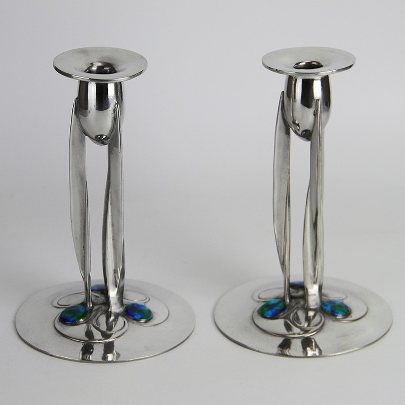 Archibald Knox for Liberty & Co Pewter and Enamel Candlesticks