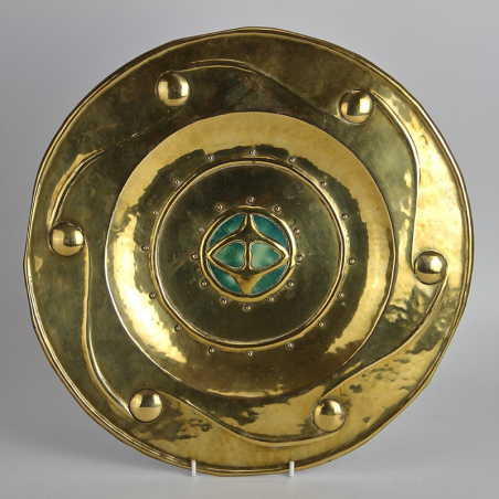 Arts and Crafts Brass Wall Charger with Blue Green Ruskin Ceramic Roundel