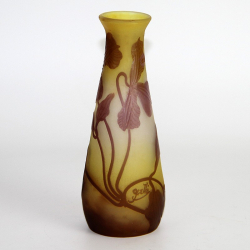 Emile Galle Nancy Art Nouveau Cameo Glass Vase of Tapered Cylindrical Form with Purple Overlay Flowers of Cyclamen