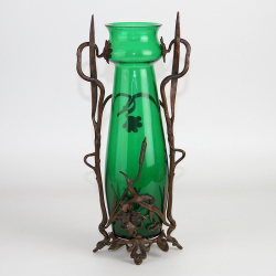 Austrian Art Nouveau Green Glass Vase in Bronze Mount