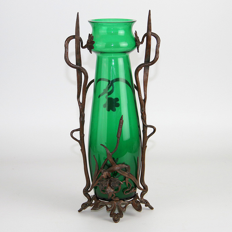 Austrian Art Nouveau Green Glass Vase In Bronze Mount C1900