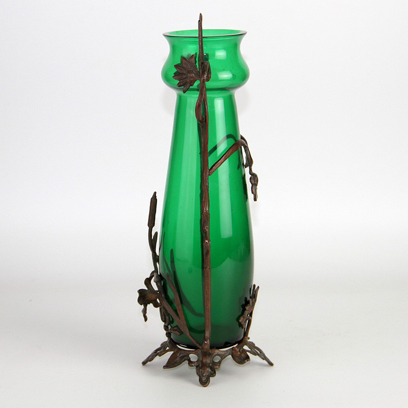 Austrian Art Nouveau Green Glass Vase In Bronze Mount C 1900