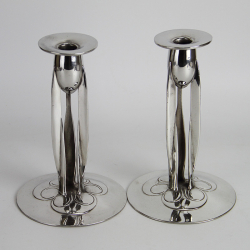 Archibald Knox for Liberty & Co Pewter Candlesticks Set on Three Tall Stems