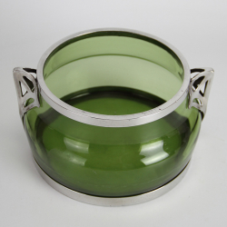 Freidrich Van Hauten Art Nouveau Pewter Mount Bowl with Green Glass Liner and Stylised Handles