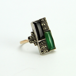 Art Deco Silver and Gold ring with Chrisophase Onyx and Marcasite
