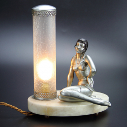 Art Deco Silvered Spelter Lady Lamp with Crackle Glass Shade