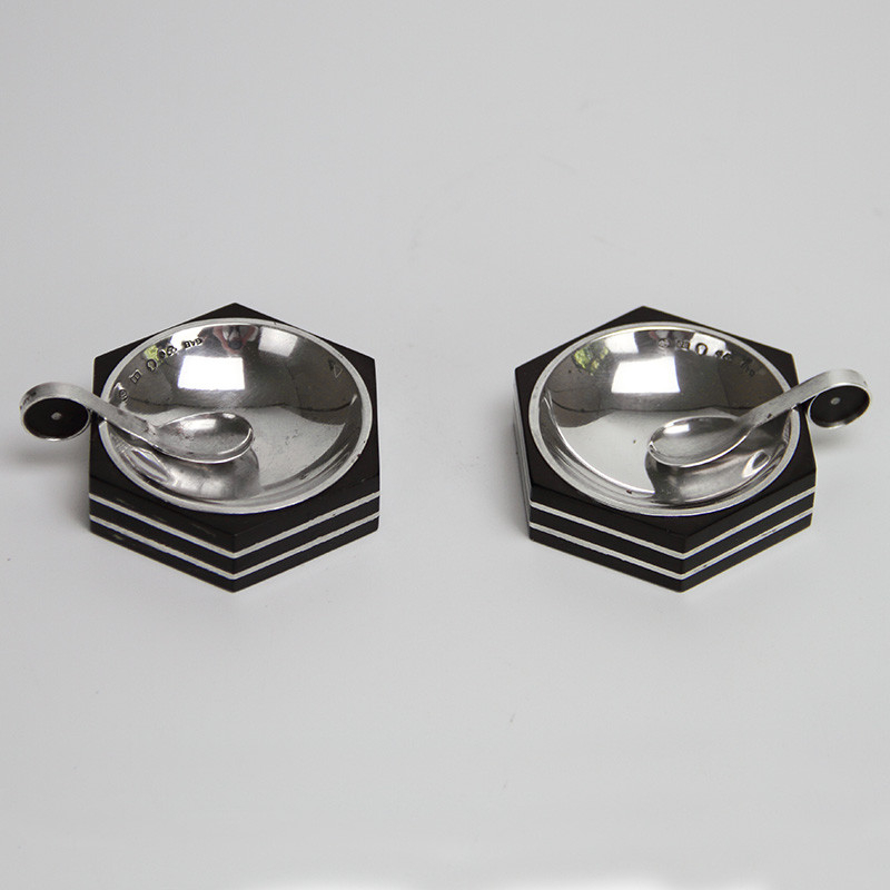 Art Deco Silver and Ebony Pair of Salts and Spoons by GAB