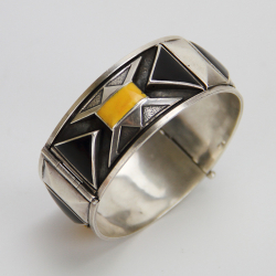 Art Deco Silver Hinged Bangle with Black and Yellow Enamel