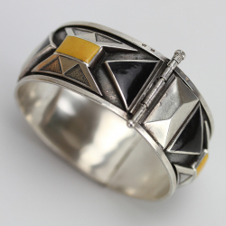 Art Deco Silver Hinged Bangle with Black and Yellow Enamel