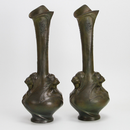Art Nouveau French Patinated Spelter Vases Signed Melle. Sibeud