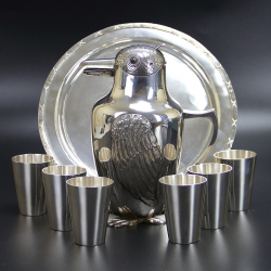Chinese Silver Novelty Bird Wine Jug With Six Matching Silver Cups and Tray