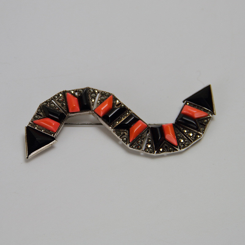 Art Deco French Silver Marcasite Brooch Set with Black and Coral Coloured Panels