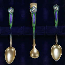 David Anderson Art Nouveau Silver Gilt and Enamel Sugar Tongs with Matching Spoon