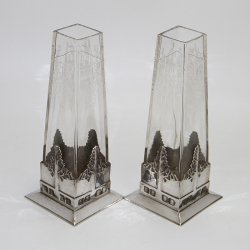 Pair of Art Nouveau Pewter Vases with Original Crystal...