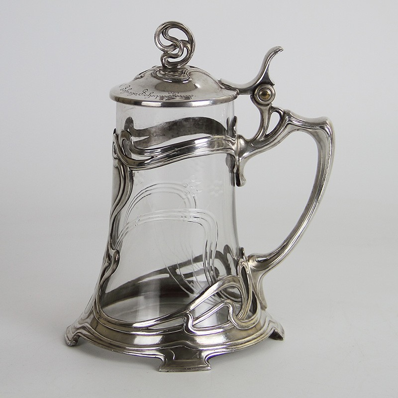 WMF Art Nouveau Silver Plated Tankard with Crystal Cut Glass Liner