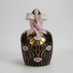 Robj Ceramic Art Deco Bonbonniere Decorated in White, Black, Pink and Gold