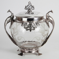 WMF Art Nouveau Silver Plated Biscuit Box Decorated with Peacock Handles