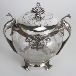 WMF Art Nouveau Silver Plated Biscuit Box Decorated with Peacock Handles