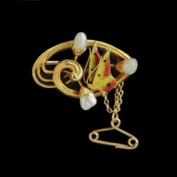 Art Nouveau 14ct Gold Enamel Butterfly and Pearl Brooch (c.1900)