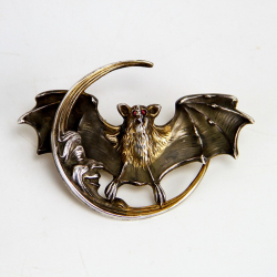Unger Bros Art Nouveau Silver Man in the Moon and Bat Brooch (c.1904)