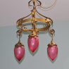 Arts and Crafts Brass Electrolier with Three Drop Cranberry Tinted Shades (c.1900)