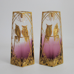 Art Nouveau Pair of Bohemian Glass Vases with Applied Owls Attrib. to Moser (c.1905)