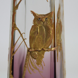 Art Nouveau Pair of Bohemian Glass Vases with Applied Owls Attrib. to Moser