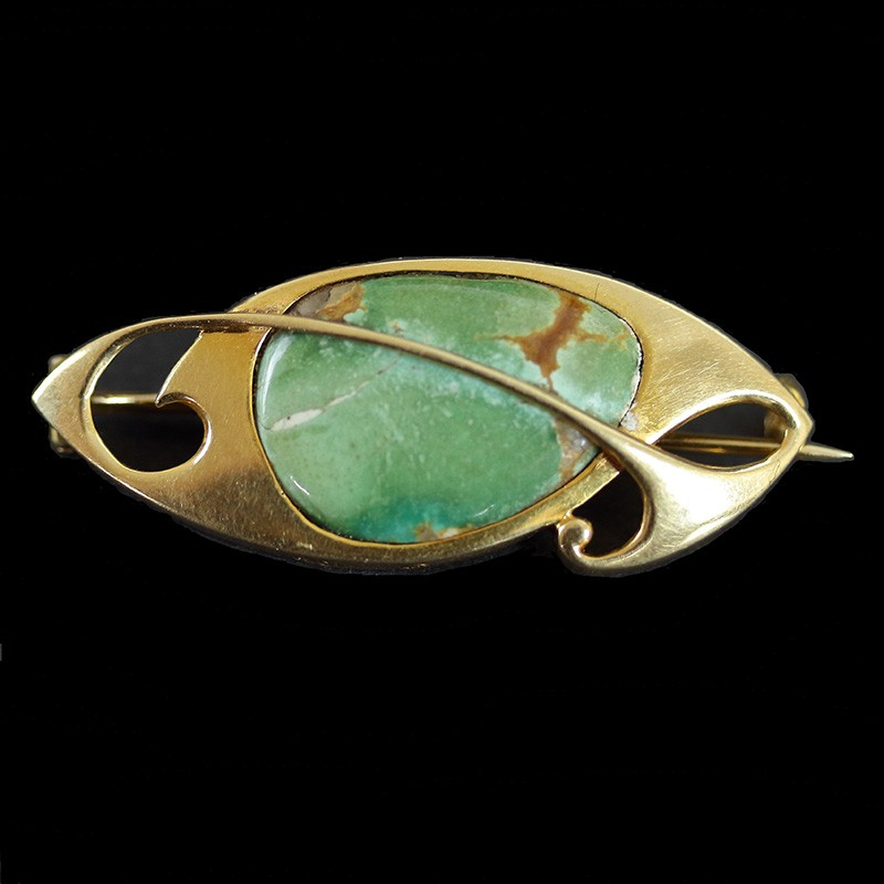 Murrle Bennett Art Nouveau 15ct Gold and Boulder Turquoise Brooch by Archibald Knox