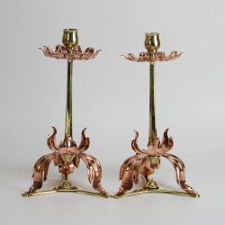 W.A.S. Benson Arts and Crafts Brass and Copper Candlesticks (c.1900)