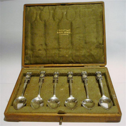 Archibald Knox for Liberty & Co Set of Six Silver Spoons in Original Wooden and Silk Lined Box