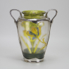 Freidrich Van Hauten Art Nouveau Pewter Vase with Legras Mon Joye Glass Liners
