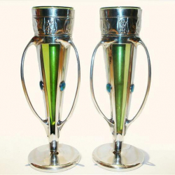 Archibald Knox for Liberty & Co pair of Pewter and Enamel Vases with Original Powell Glass Liners