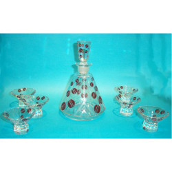 Bohemian Glass Decanter and Six Glasses Decorated with Red Enamel