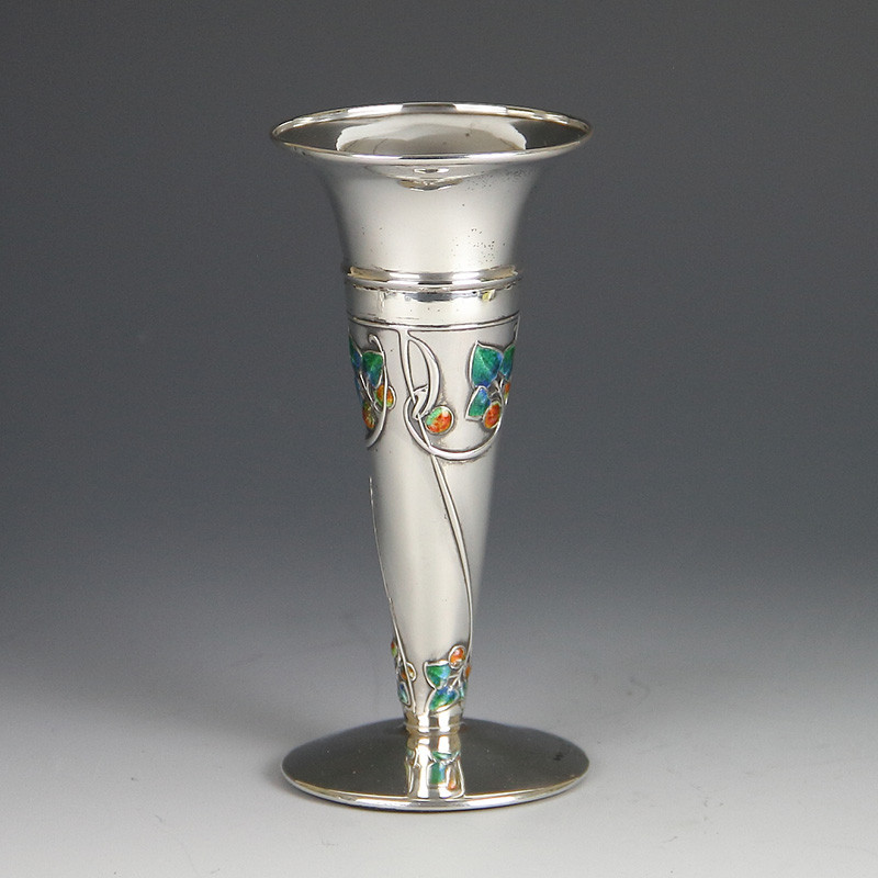 Archibald Knox for Liberty & Co Silver & Enamel Vase Biringham 1906