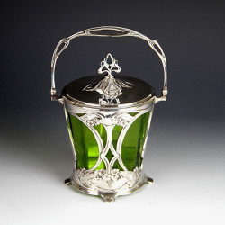 WMF Art Nouveau Silver Plated Biscuit Box with Green Glass Liner