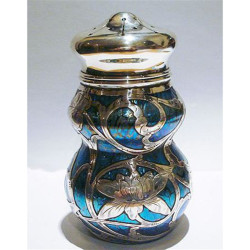 Loetz Art Nouveau Sugar Sifter Silver Overlaid Blue Iridescent Glass (c.1900)