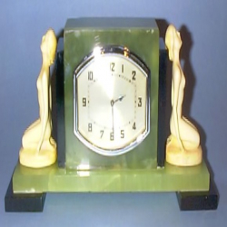 Ferdinand Preiss Onyx Table Clock with Ivory Figures