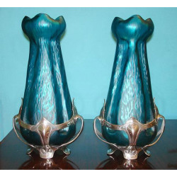 Pair of Austrian/German Loetz Glass Vases with Pewter Mounts (c.1900)