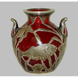 Silver overlay Art Nouveau American red glass vase decorated with swimming fish (c.1900)