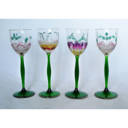 Theresienthal four Art Nouveau Hock glasses. Enamelled glass with foliage decoration (c.1900)
