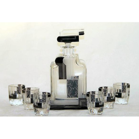 Art Deco clear frosted and black decanter with six matching shot glasses (c.1930)