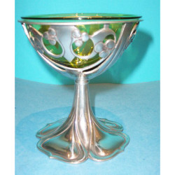 Archibald Knox for Liberty & Co pewter and Powell glass Chalice. Stamped marks. (c.1903)
