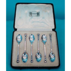 Liberty & Co six Silver and Enamel Spoons with Original Box