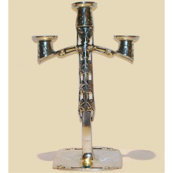 Archibald Knox for Liberty & Co Pewter and Enamel Three Branch Candelabra
