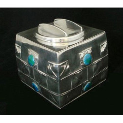Archibald Knox for Liberty & Co Pewter Biscuit Box with Blue/Green Enamels