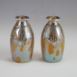 Johann Loetz Art Nouveau Astaera (Oil Spot) Pair of Iridescent Glass Vases