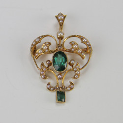 15ct Gold Seed Pearl and Tourmaline Pendant Brooch (c.1910)