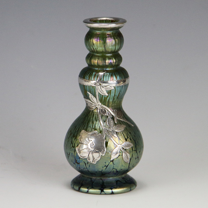 Johann Loetz Art Nouveau 'Papillion' Glass Vase with Silver Overlay (c.1900)