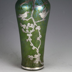 Johann Loetz Art Nouveau Papillion Vase with Silver Overlay