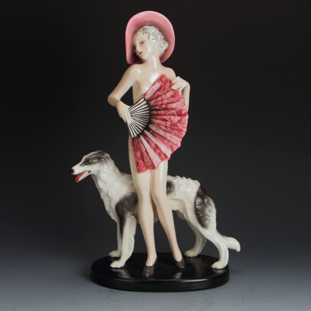 Josef Lorenzl (Austrian, 1892-1950) Goldscheider, Art Deco Ceramic Figure of a Female with Borzoi Dog (c.1925)